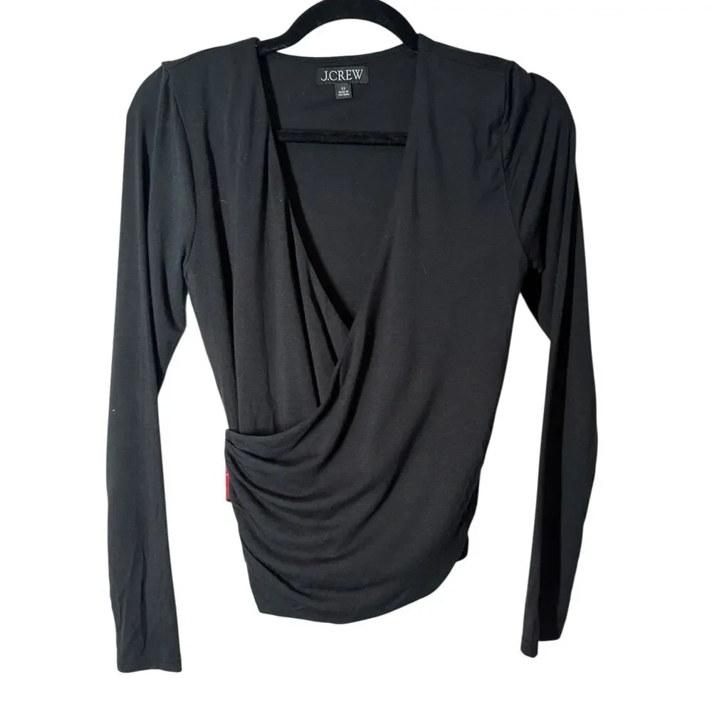 J. Crew Form Knit‎ Long Sleeve Wrap Top Black with Plaid Waist Tie XS Holiday